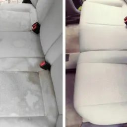 Porównanie tylnej kanapy samochodowej przed i po czyszczeniu, widoczne wyraźne różnice w czystości tapicerki.