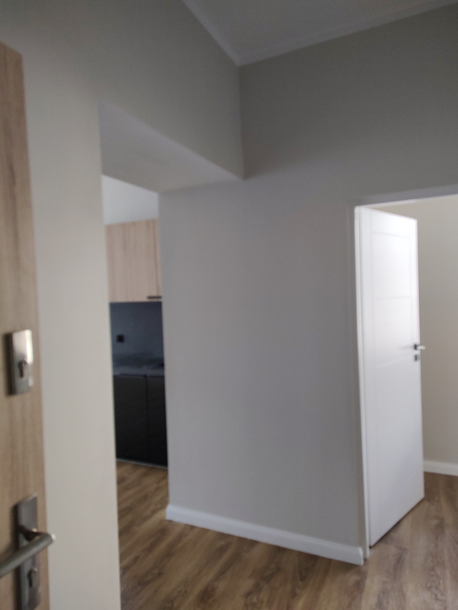 Wnętrze mieszkania po remoncie: widok na korytarz z drewnopodobną podłogą, białe ściany z listwami przypodłogowymi i otwarte drzwi do kuchni z zabudową w odcieniach szarości i drewna.