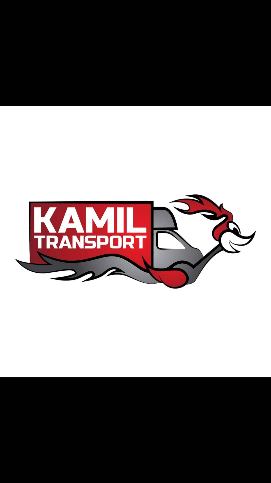 Grafika logo firmy transportowej: Stylizowany, czerwono-szary kontur ciężarówki z płomieniami i tekstem 'KAMIL TRANSPORT'.