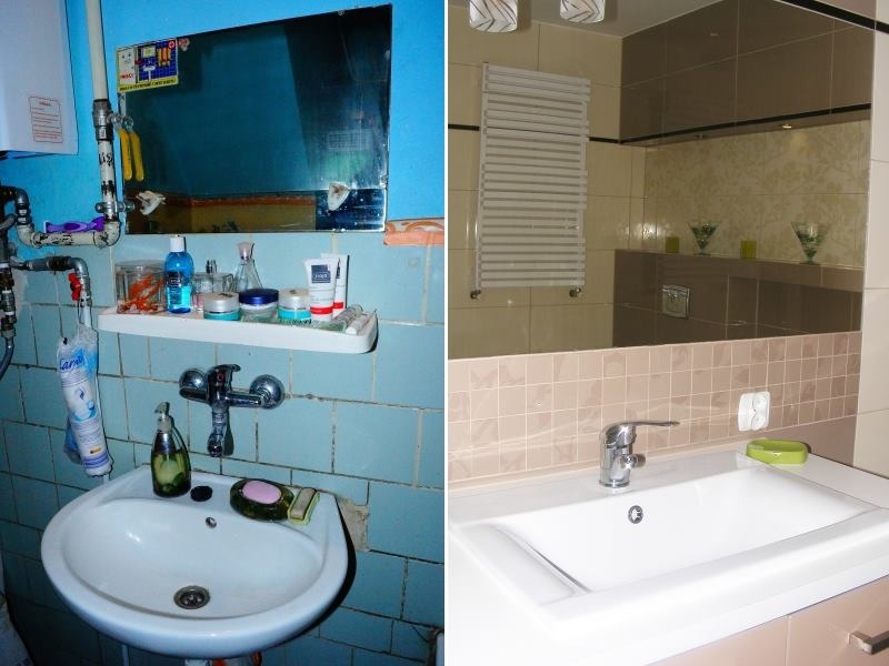 Porównanie dwóch łazienek: zaniedbanej z niebieskimi płytkami i nowoczesnej z beżowymi płytkami, widoczne umywalki, baterie i lustra.