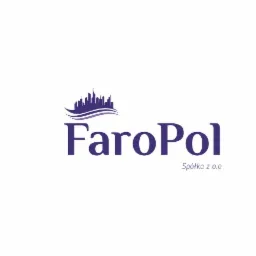 Logo firmy FaroPol Spółka z o.o. z fioletowym napisem i sylwetką miasta nad nim.