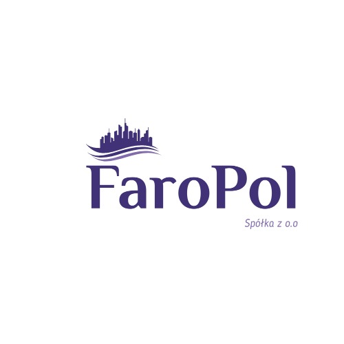 Logo firmy FaroPol Spółka z o.o. z fioletowym napisem i sylwetką miasta nad nim.
