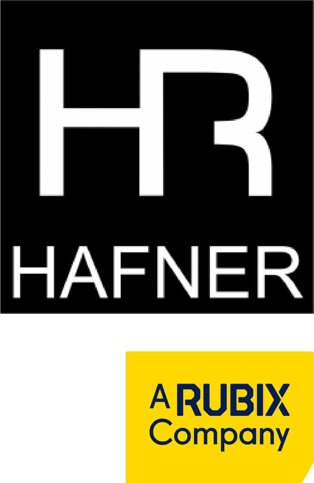 Logo firmy Hafner z białymi literami HR na czarnym tle, poniżej nazwa firmy i logo Rubix Company na żółtym kwadracie.