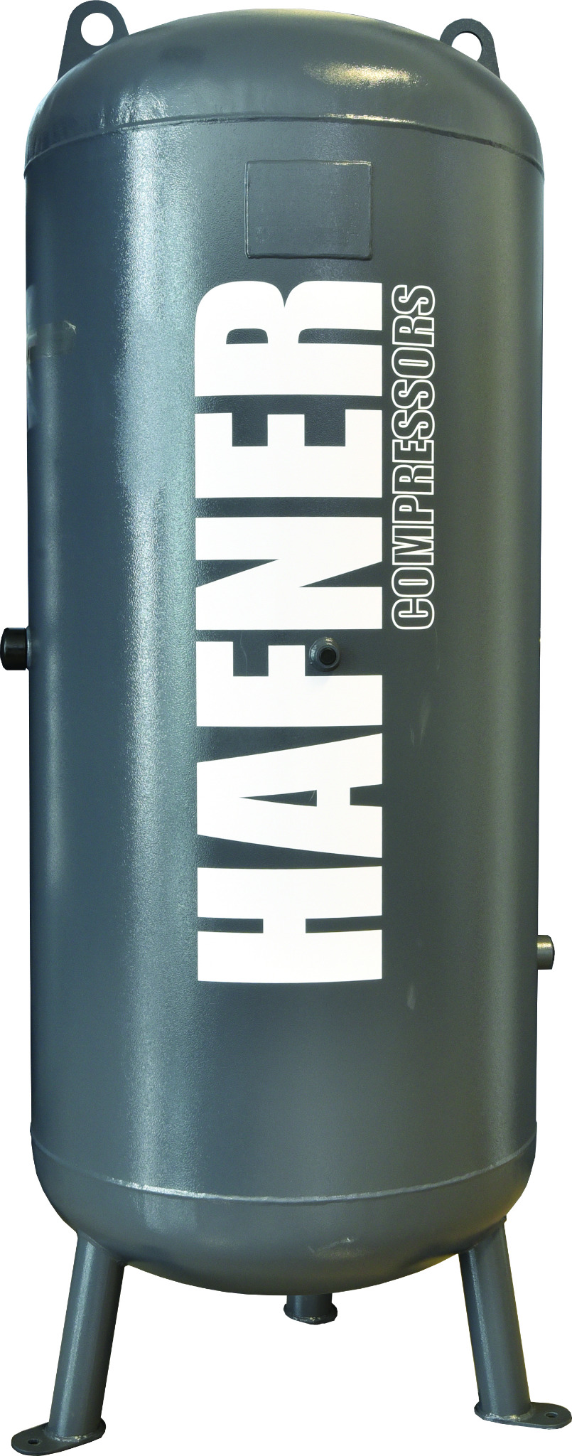 Pionowy, szary zbiornik kompresora z białym napisem 'HAFNER COMPRESSORS' na boku, widoczne trzy nóżki i dwa króćce przyłączeniowe.
