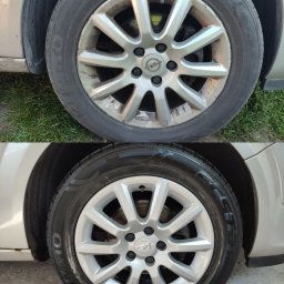 Mr.Mop Urszula Urbańczyk - Porównanie koła samochodu Opel przed i po umyciu, widoczne różnice w czystości felgi i opony.