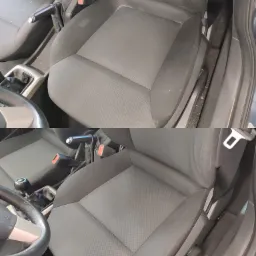 Porównanie fotela samochodowego przed i po czyszczeniu: widoczne różnice w odcieniu i usunięte zabrudzenia na tapicerce.