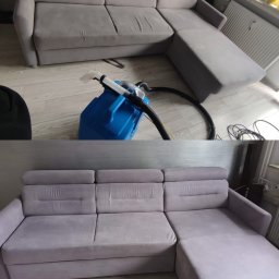 Mr.Mop Urszula Urbańczyk - Szara kanapa narożna przed i po praniu, widoczna różnica w czystości tapicerki, z boku niebieski odkurzacz piorący.