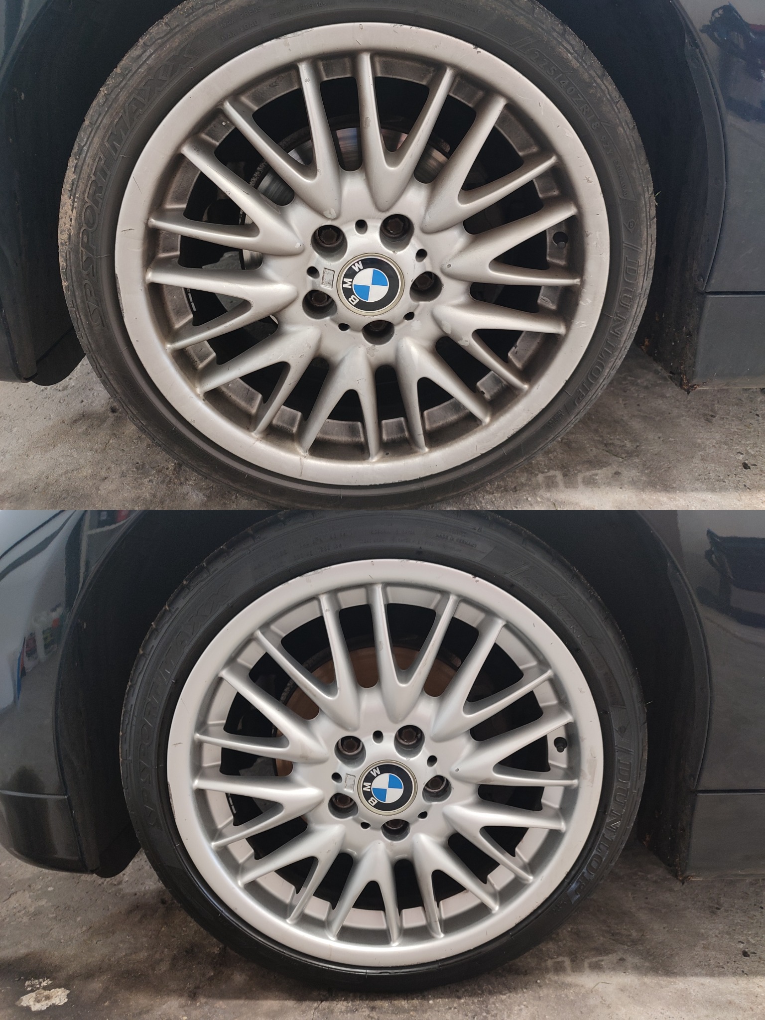 Porównanie: górne koło aluminiowe BMW przed czyszczeniem, widoczny brud i osad, dolne koło po umyciu, lśniące i czyste.