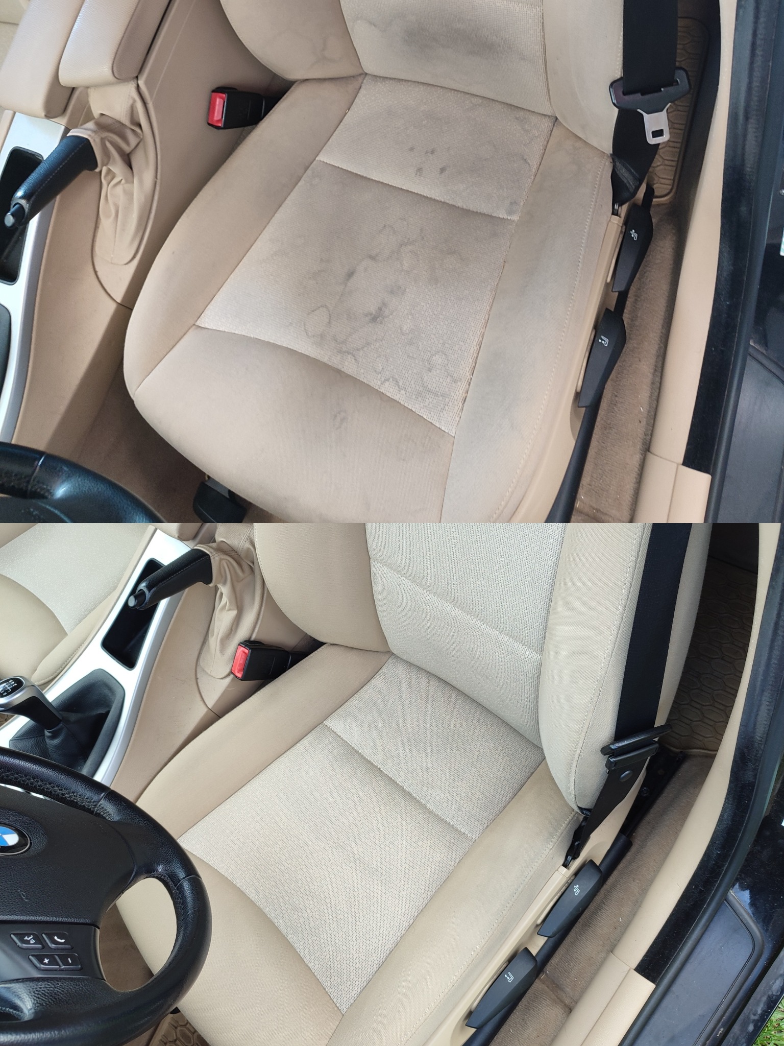 Tapicerka beżowego fotela samochodowego przed i po czyszczeniu, widoczne plamy i wyraźna różnica w kolorze.