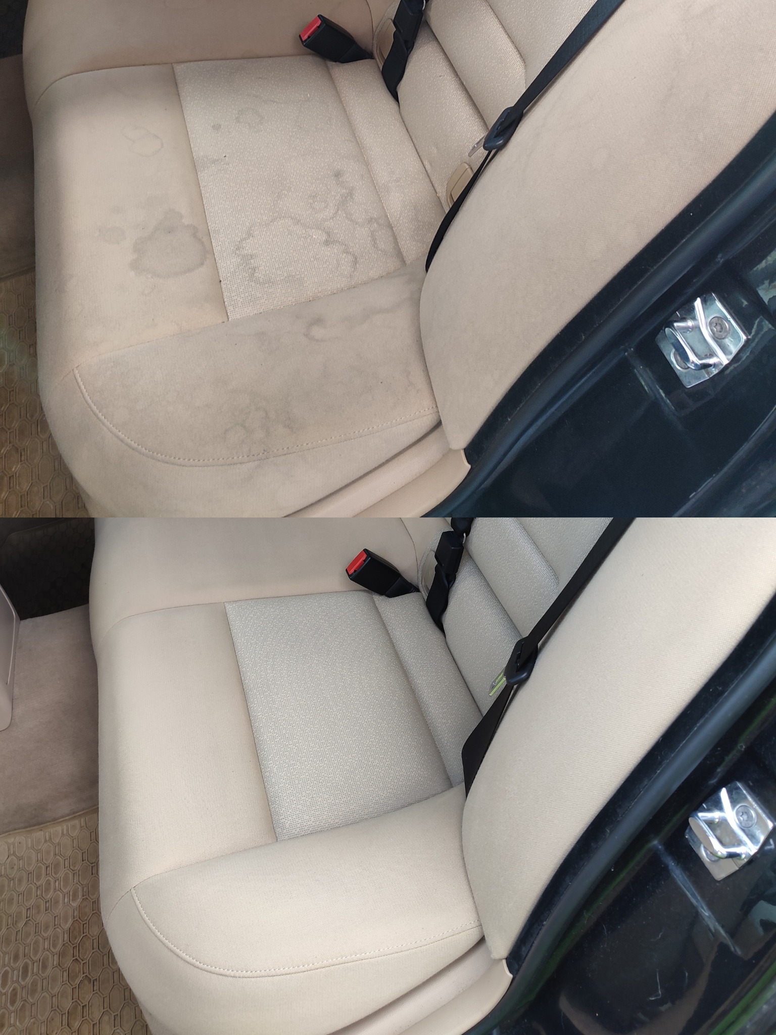 Beżowa tapicerka samochodowa przed i po czyszczeniu, widoczne plamy i różnica w wyglądzie.