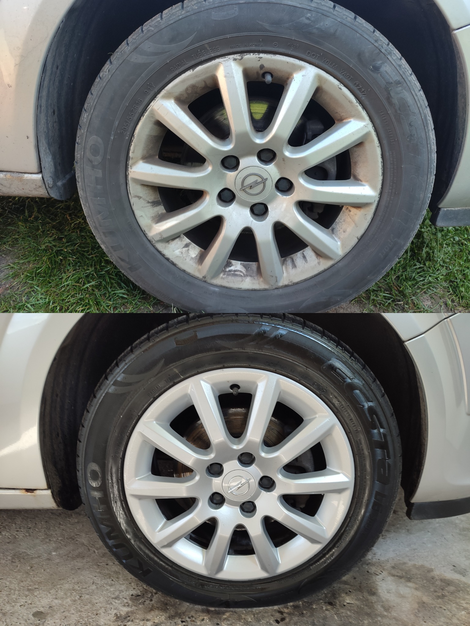 Porównanie koła samochodu Opel przed i po umyciu, widoczne różnice w czystości felgi i opony.