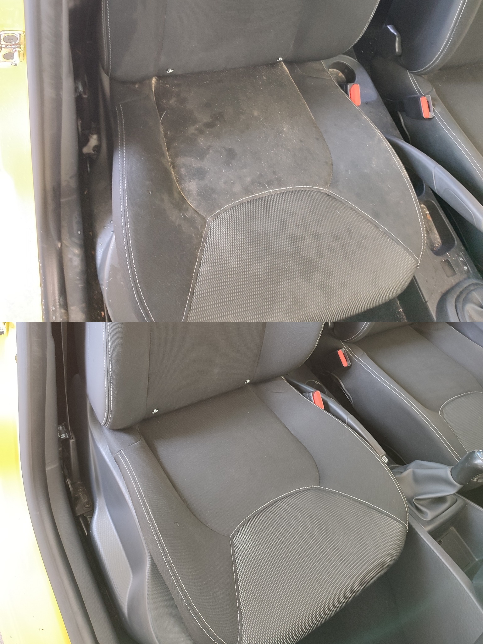 Porównanie: Fotel samochodowy z czarną tapicerką przed i po czyszczeniu, widoczne znaczne różnice w czystości i wyglądzie materiału.