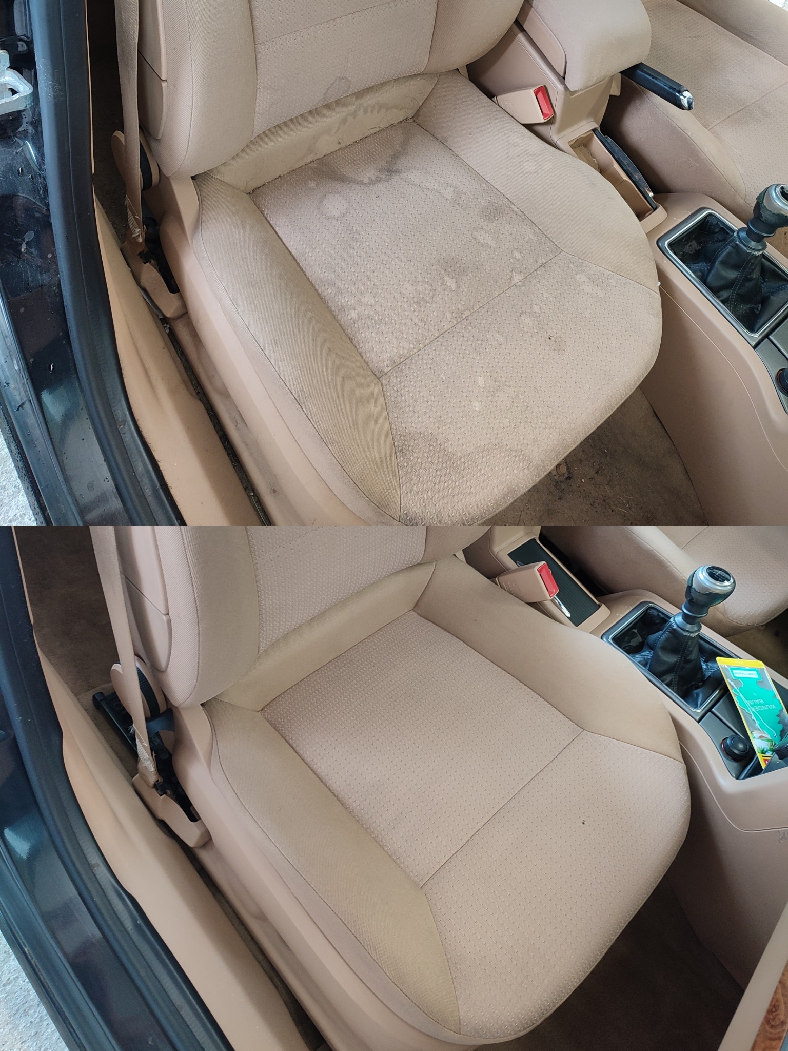 Beżowe siedzenie samochodowe przed i po czyszczeniu, widoczne plamy i zabrudzenia na górnym zdjęciu oraz czysta tapicerka na dolnym zdjęciu.