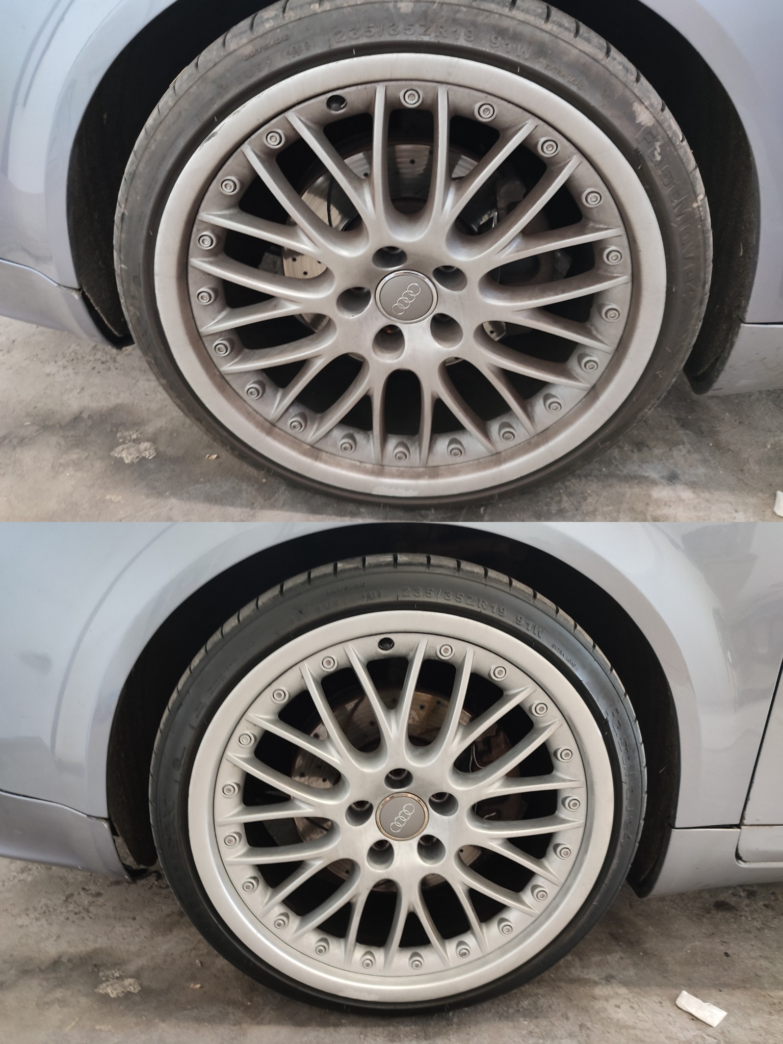 Porównanie koła Audi przed i po czyszczeniu, widoczne różnice w połysku felgi i czystości opony.