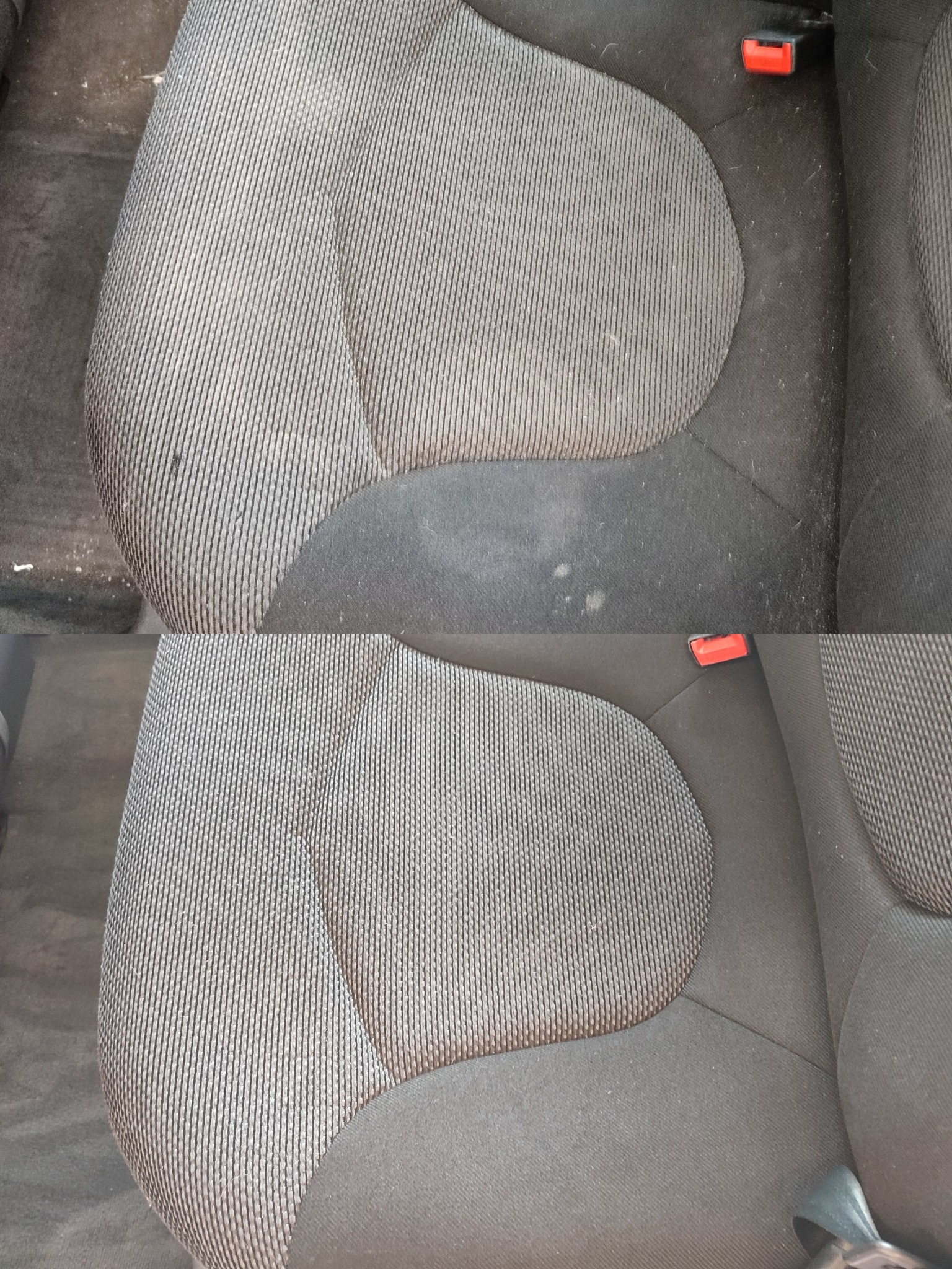 Fotografia przedstawia fragment fotela samochodowego z widocznym efektem czyszczenia tapicerki: górna część fotela jest brudna z plamami, natomiast dolna część jest czysta, co demonstruje różnicę...