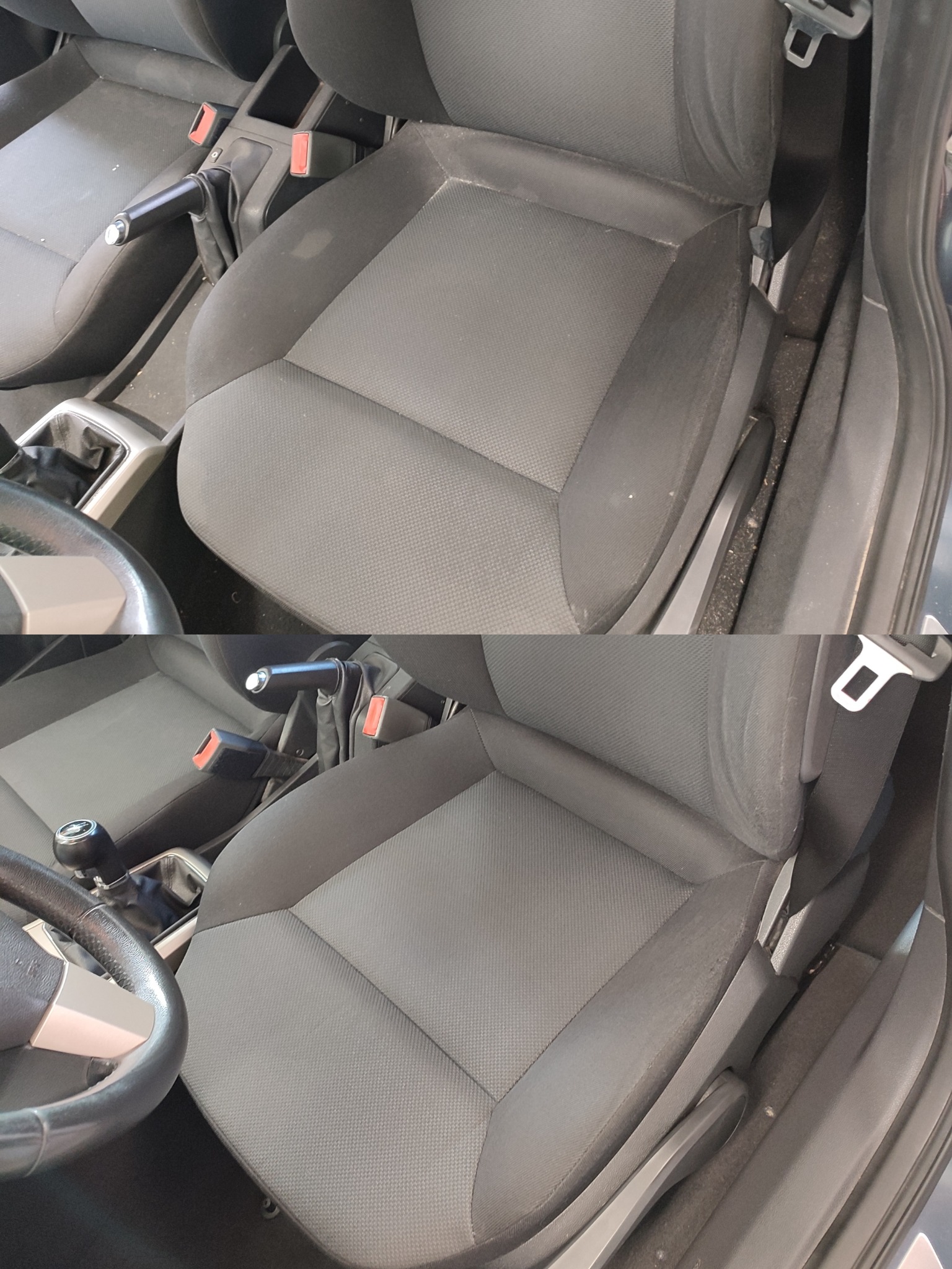 Porównanie fotela samochodowego przed i po czyszczeniu: widoczne różnice w odcieniu i usunięte zabrudzenia na tapicerce.