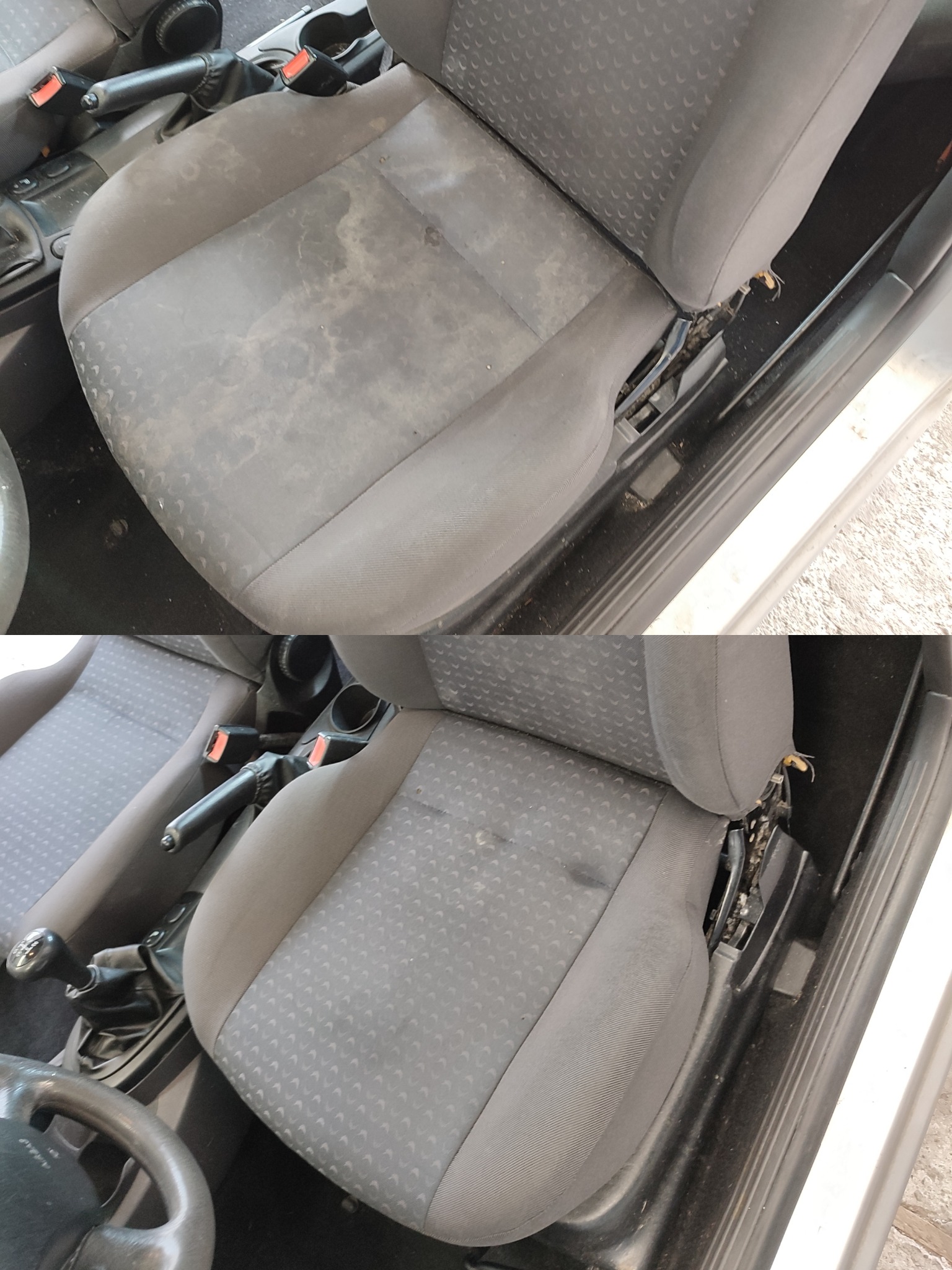 Porównanie: Fotel samochodowy z szarą tapicerką przed i po czyszczeniu, widoczne plamy i zabrudzenia usunięte, wnętrze pojazdu.