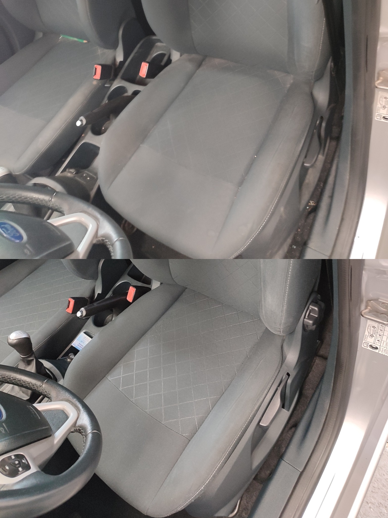 Porównanie fotela samochodowego przed i po czyszczeniu, widoczne różnice w odcieniu szarości i usunięte zabrudzenia.