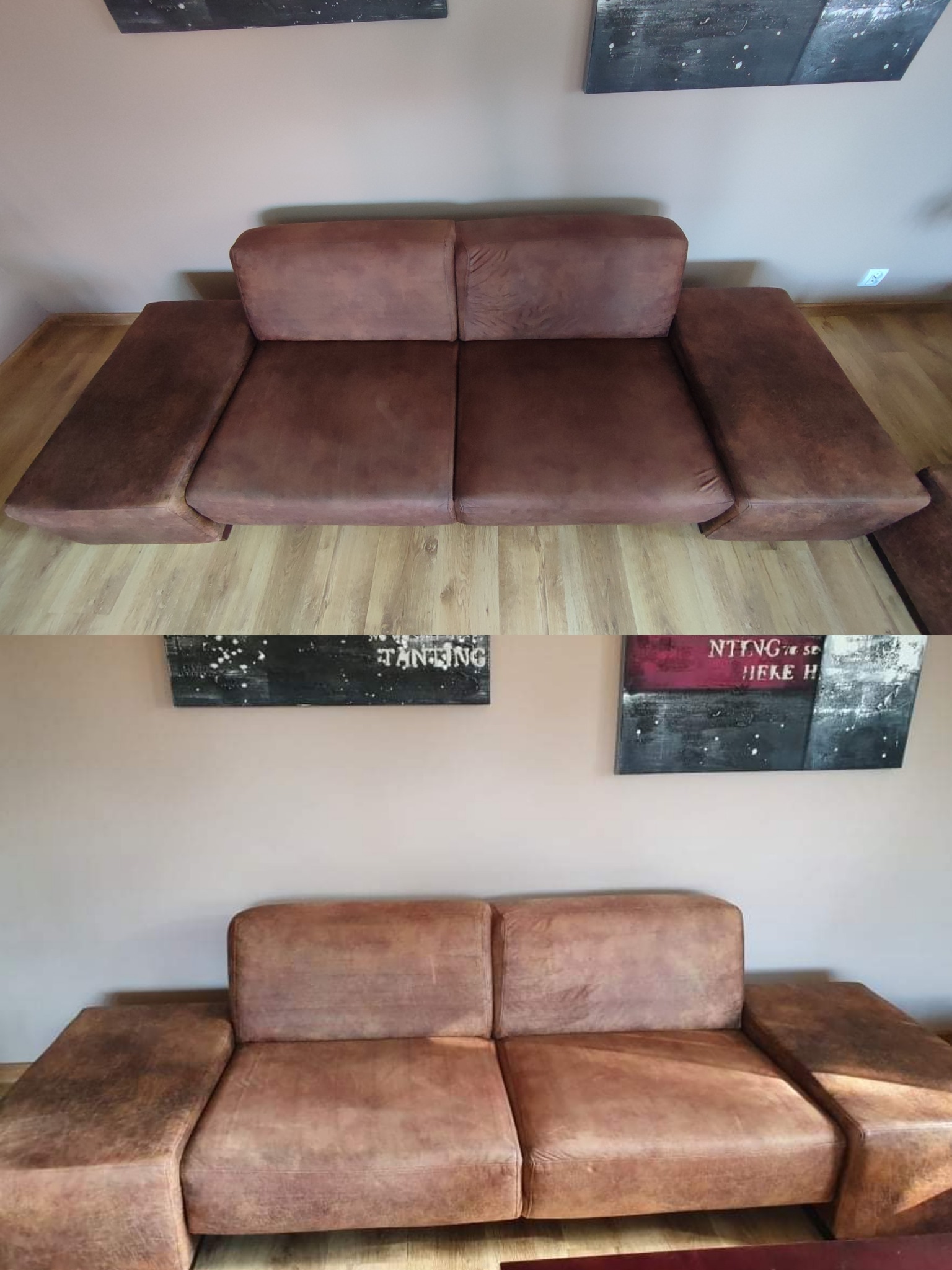 Brązowa, dwuosobowa kanapa z widocznymi śladami użytkowania, sfotografowana z dwóch różnych perspektyw na tle ściany z obrazami.