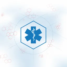 Abstrakcyjne tło z niebieskim symbolem Star of Life wewnątrz sześciokąta, otoczone czerwonymi strukturami molekularnymi i krzyżami na siatce.