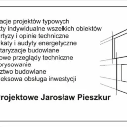 Grafika reklamowa biura projektowego Jarosława Pieszkura z listą świadczonych usług, w tle schematyczny rysunek budynku.