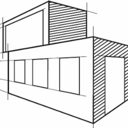 Szkic perspektywiczny dwukondygnacyjnego budynku o prostej bryle, z zaznaczonymi liniami pomocniczymi i wypełnieniami w formie ukośnych kresek na części elewacji.