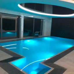 Nowoczesny basen wewnętrzny z turkusową wodą, oświetleniem LED i marmurową posadzką, widok na czarną ścianę z geometrycznym wzorem.