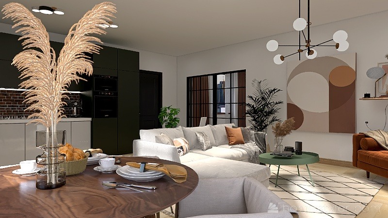 Wnętrze mieszkania z jadalnią, kuchnią i salonem w stylu nowoczesnym, z dużym narożnikiem, okrągłym stołem z nakryciem i dekoracyjną lampą sufitową.