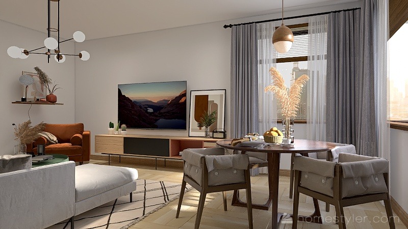 Nowoczesny salon z drewnianym stołem jadalnym, krzesłami z szarymi pokrowcami, telewizorem na szafce RTV, brązowym fotelem i lampą wiszącą z kulistymi kloszami.