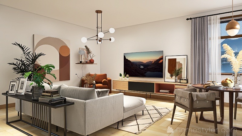 Jasny salon z szarą sofą, czarnym stolikiem z książkami i roślinami, telewizorem, drewnianą szafką RTV, okrągłym stołem jadalnym z krzesłami z poduszkami oraz abstrakcyjnymi obrazami na ścianach.