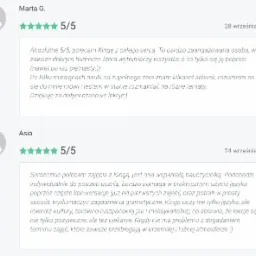 Dwa pozytywne komentarze klient&oacute;w z oceną 5/5, rekomendujące nauczyciela języka, z imionami Marta G. i Asia, oraz datami wystawienia opinii: 28 września 2020 i 24 września 2020.