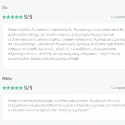 Dwa pozytywne komentarze od klientów, Ola i Wiktor, z oceną 5/5, polecających korepetytorkę Kingę za jej kompetencje, wiedzę o kulturze Hiszpanii, efektywne lekcje i umiejętność tłumaczenia...