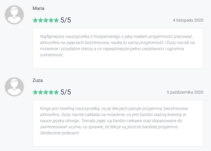 Opinie o nauczycielach języka hiszpańskiego: Maria i Zuza, ocena 5/5, pozytywne komentarze o bezstresowej atmosferze i nacisku na mówienie.