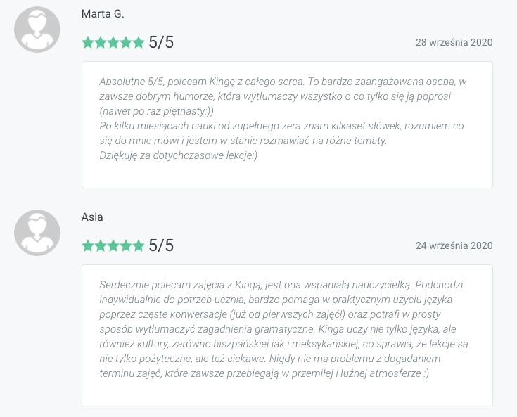 Dwa pozytywne komentarze klientów z oceną 5/5, rekomendujące nauczyciela języka, z imionami Marta G. i Asia, oraz datami wystawienia opinii: 28 września 2020 i 24 września 2020.