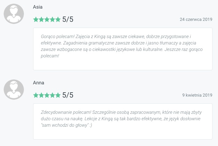 Dwa pozytywne komentarze klientów z ocenami 5/5, polecające zajęcia z Kingą, z datami 24 czerwca 2019 i 9 kwietnia 2019.