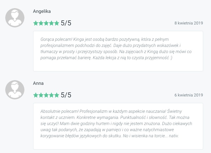 Dwa pozytywne, tekstowe komentarze klientów z oceną 5/5, rekomendujące usługi edukacyjne, z datami 8 i 6 kwietnia 2019.