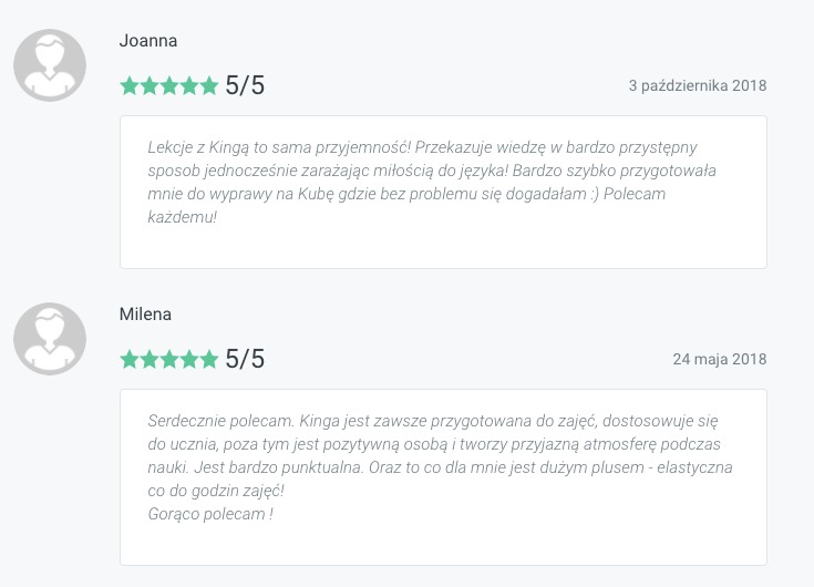 Opinie klientów z Częstochowy, Joanna i Milena, oceniające 5/5 lekcje i naukę języka z Kingą, podkreślając przyjemność, przystępność wiedzy i przygotowanie do podróży.