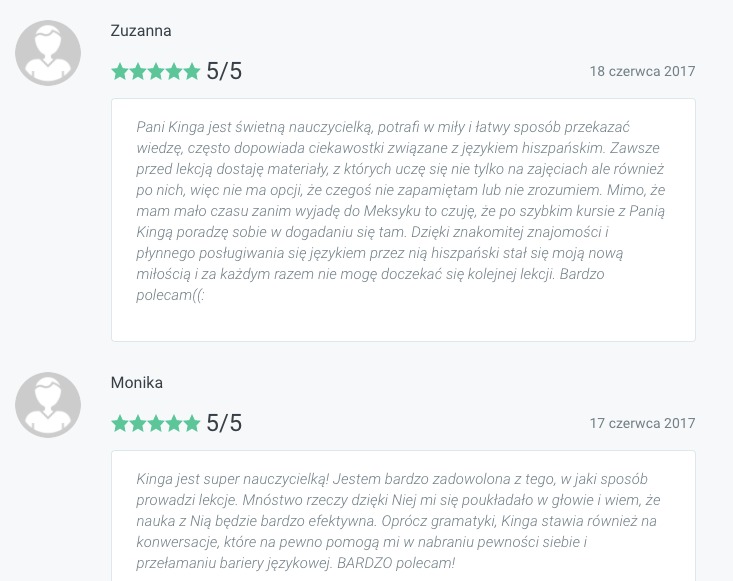 Opinie klientów Zuzanny i Moniki z oceną 5/5 na temat kursu języka hiszpańskiego, zadowolenie z nauczycielki Kingi i efektów nauki.
