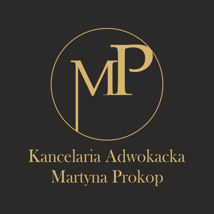 Eleganckie logo Kancelarii Adwokackiej Martyna Prokop z inicjałami MP w złotym okręgu na ciemnym tle.