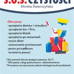 Grafika reklamowa firmy S.O.S. Czystości Monika Świerczyńska oferującej usługi sprzątające, z wyliczeniem zakresu usług i danymi kontaktowymi, obok których umieszczono ilustrację przedstawiającą...