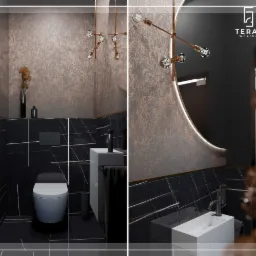 Nowoczesna łazienka z czarnymi płytkami imitującymi marmur, białym sanitariatem i umywalką, oświetleniem w stylu industrialnym i okrągłym lustrem podświetlanym LED, widok z dwóch perspektyw.