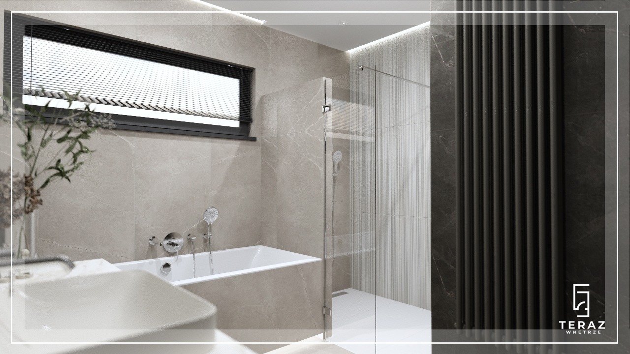 Nowoczesna łazienka w odcieniach szarości z wanną, kabiną prysznicową ze szklaną ścianką i czarnym grzejnikiem dekoracyjnym, oświetlona subtelnym światłem LED