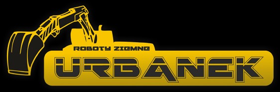 Logo firmy 'ROBOTY ZIEMNE URBANEK' z graficzną reprezentacją koparki na czarnym tle.
