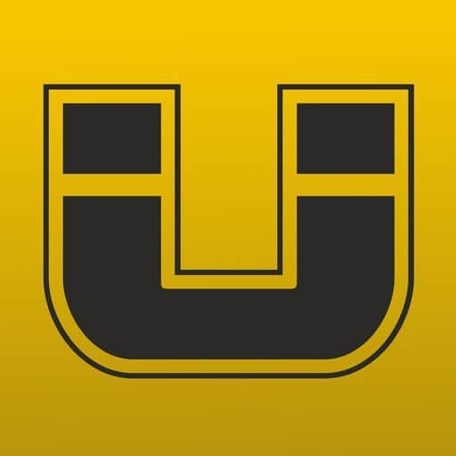 Stylizowane logo firmy z abstrakcyjnym symbolem w kształcie litery U, czarne obramowanie na złotym tle.