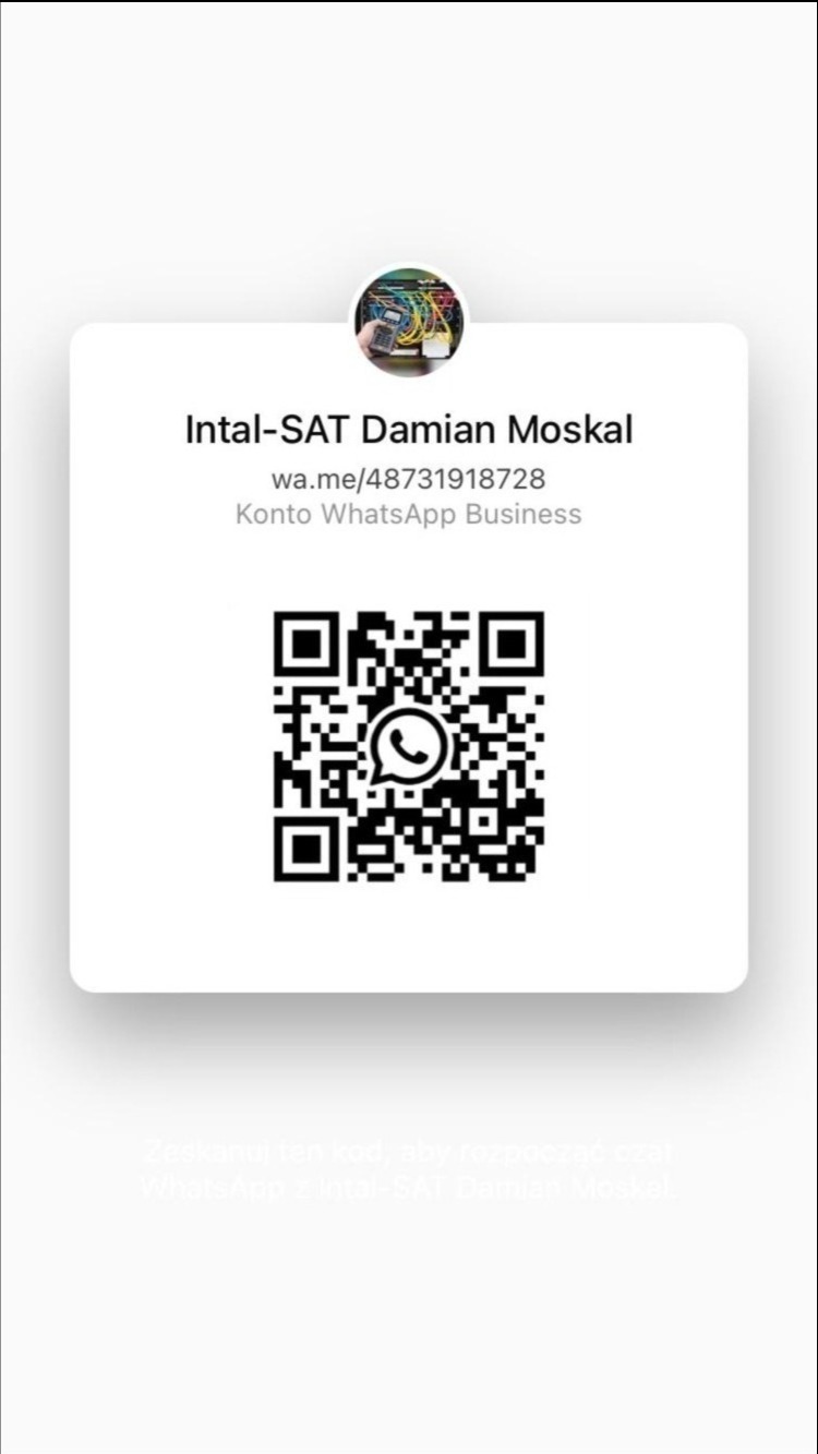 Wizytówka firmy Intal-SAT Damian Moskal z kodem QR do kontaktu przez WhatsApp Business. W tle miniaturka zdjęcia przedstawia okablowanie i miernik.