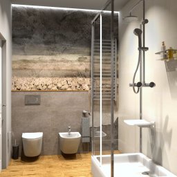 Pracownia Projektowa - Wizualizacja łazienki z toaletą, bidetem, kabiną prysznicową i grzejnikiem drabinkowym na tle ściany z motywem pejzażu.