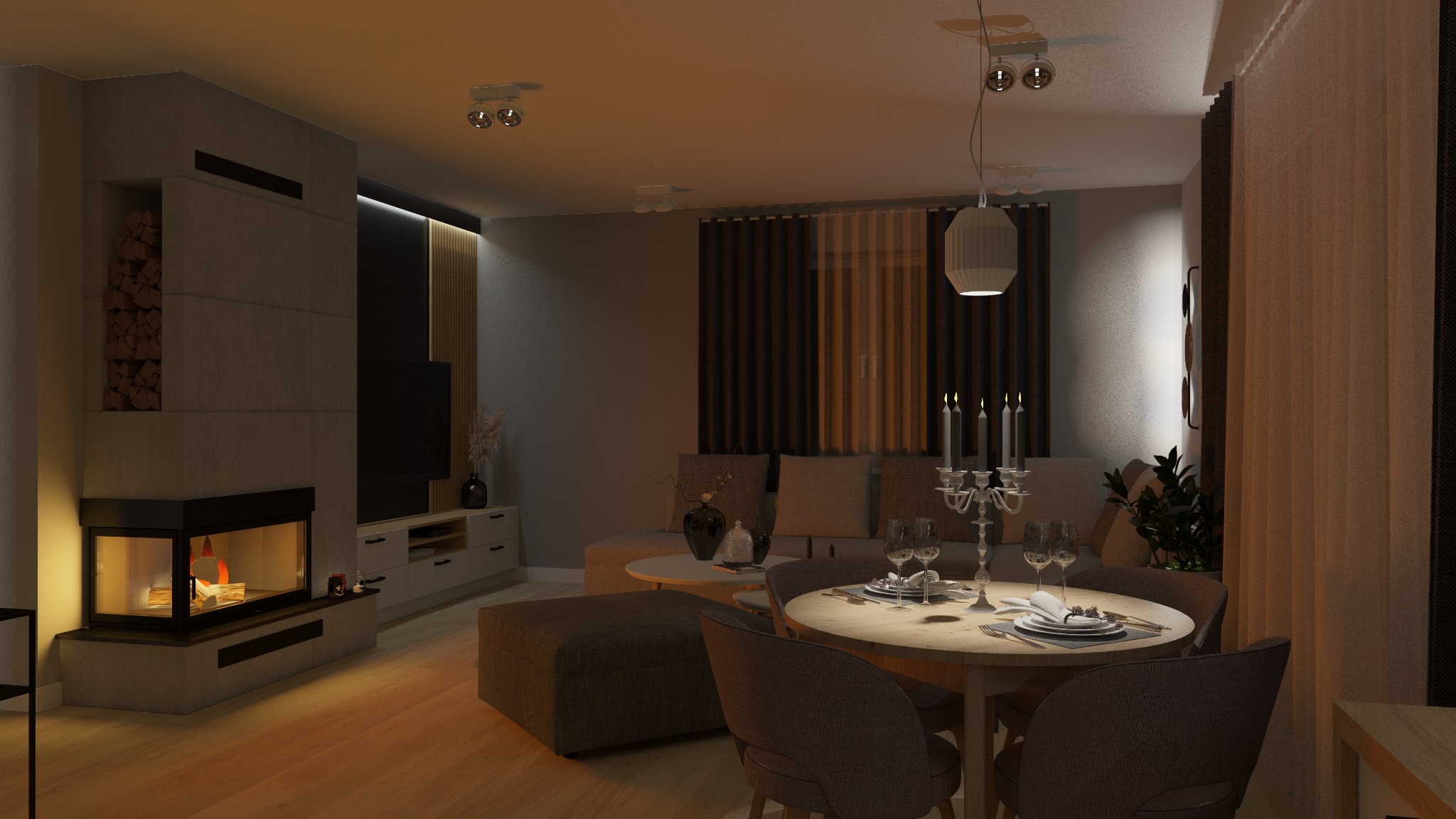 Ciepłe oświetlenie w salonie z kominkiem, drewnem, okrągłym stołem z nakryciem i dekoracyjnym świecznikiem, widok na sofę i zasłony w tle.