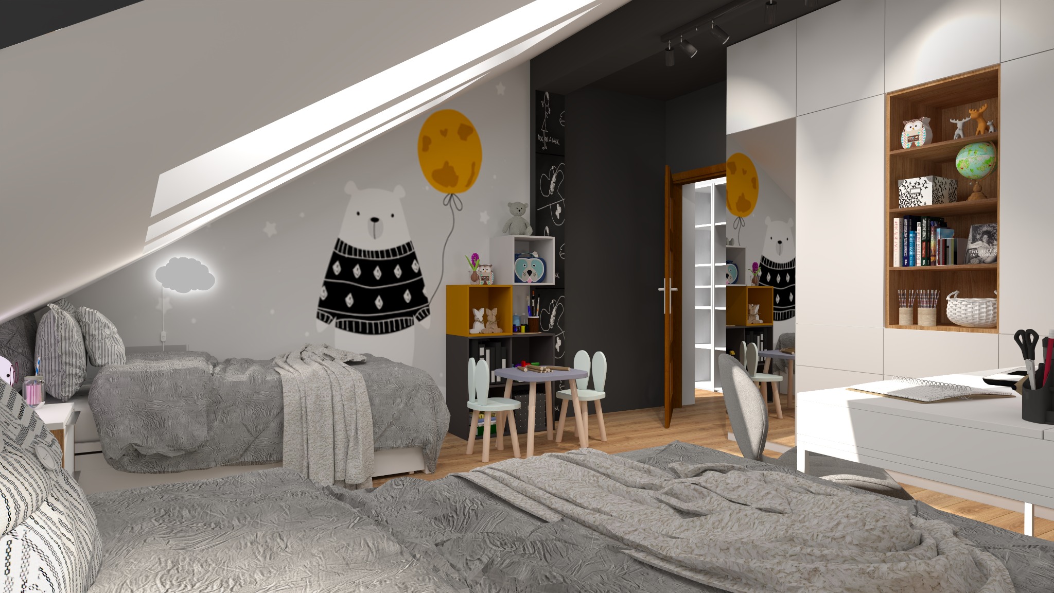 Pokój dziecięcy na poddaszu z łóżkiem z szarą pościelą, biurkiem, szafą z otwartymi półkami i ścianą z rysunkami misia i balona.