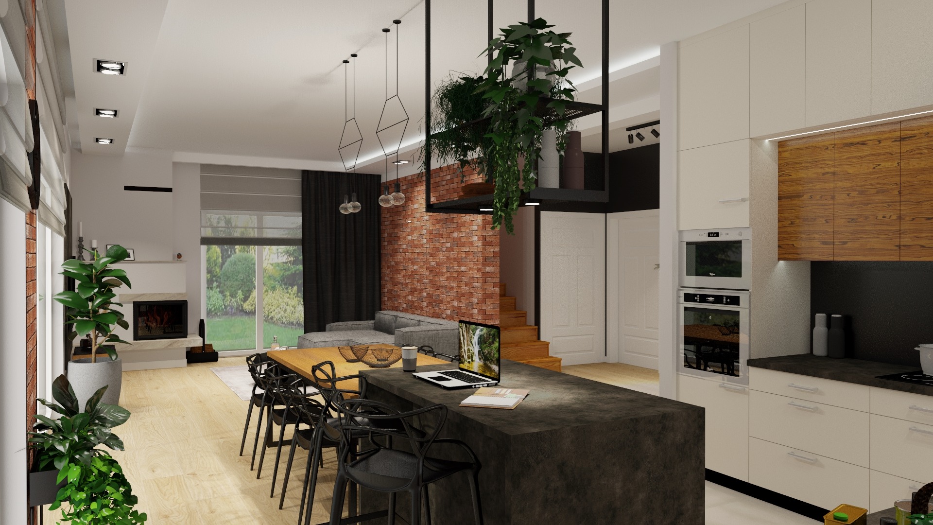 Wizualizacja otwartej przestrzeni dziennej z kuchnią, jadalnią i salonem. W centrum wyspa kuchenna z laptopem, za nią ceglana ściana, schody i salon z szarą sofą. Wiszące lampy geometryczne...