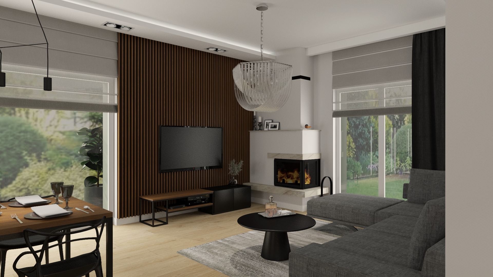 Wizualizacja salonu z jadalnią: drewniana ściana z telewizorem, kominek z marmurowym obramowaniem, szara sofa narożna, okrągły stolik kawowy, stół z czarnymi krzesłami, rolety rzymskie...